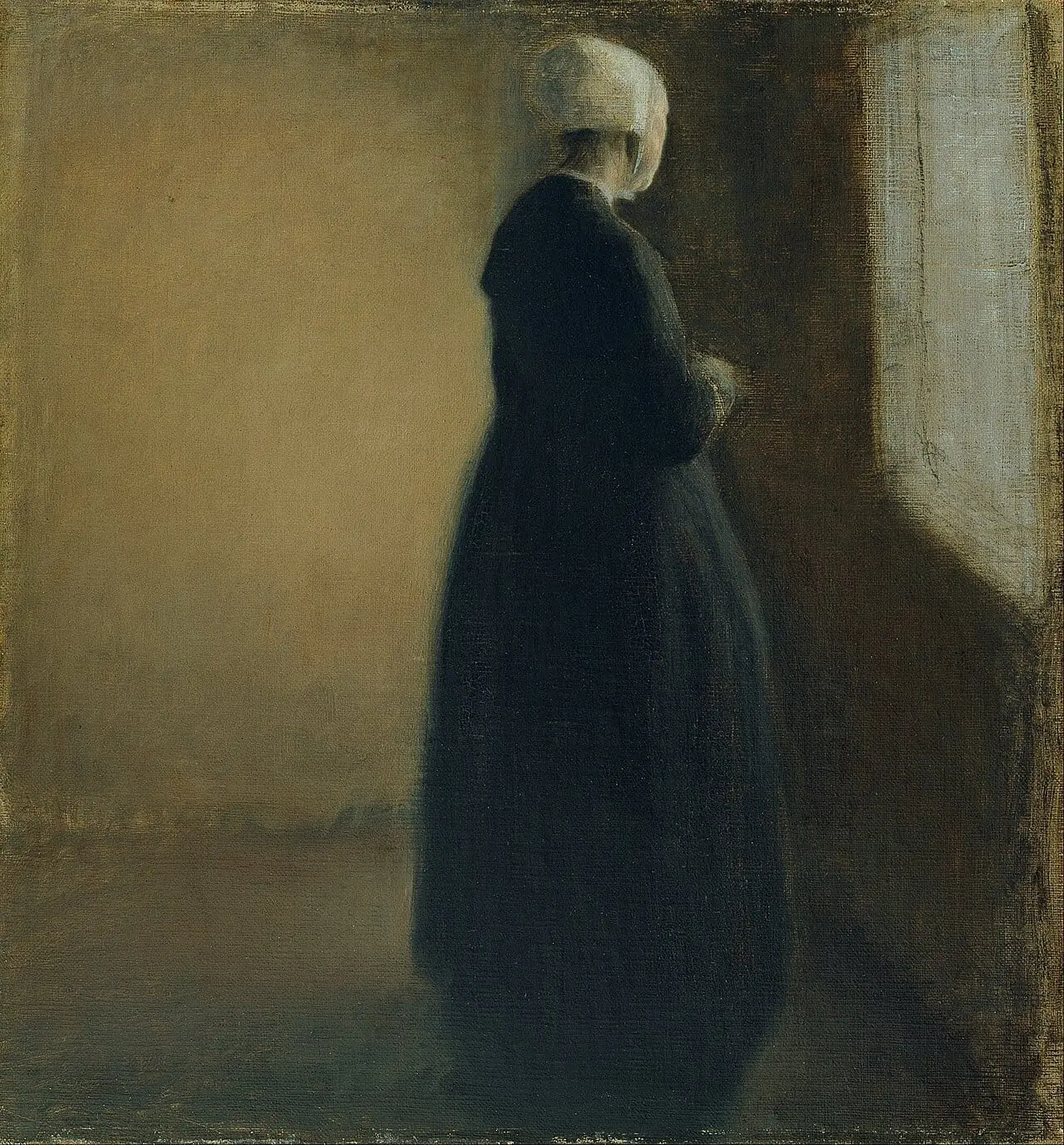 An old woman standing by a window by Vilhelm Hammershøi, canvas print