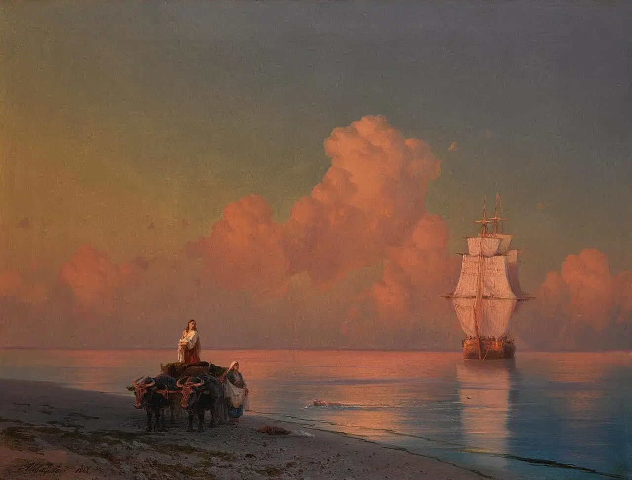 An ox-drawn cart on the shore and a swimmer in the shallows by Ivan Aivazovsky, canvas print