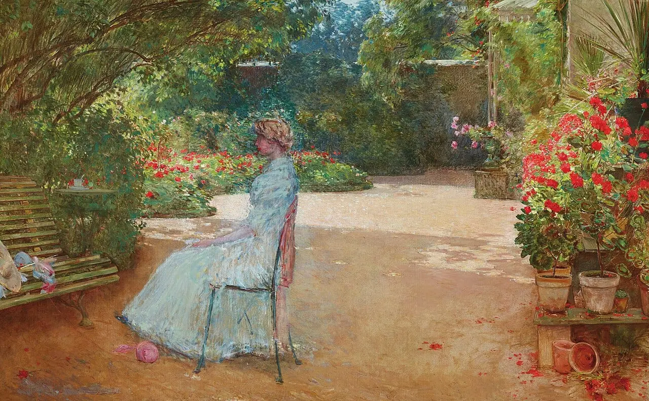 Artists wife in a garden by Childe Hassam, canvas print