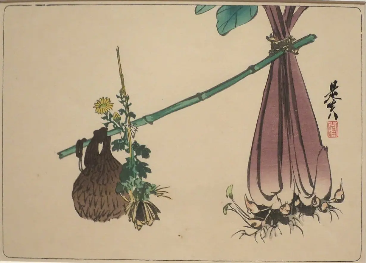 Bag, Bamboo Stick and Plant by from Comparing Flowers, Volume 6 by Shibata Zeshin, canvas print