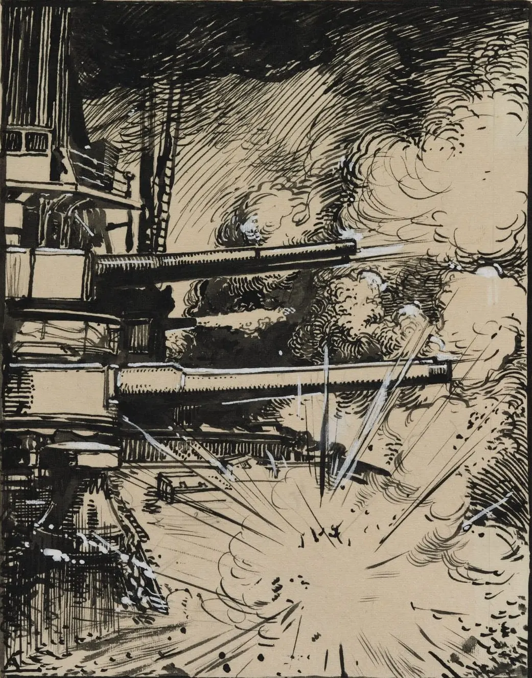 Bombe explosant sur un cuirasse aux canons braques by Auguste Louis Lepère, canvas print