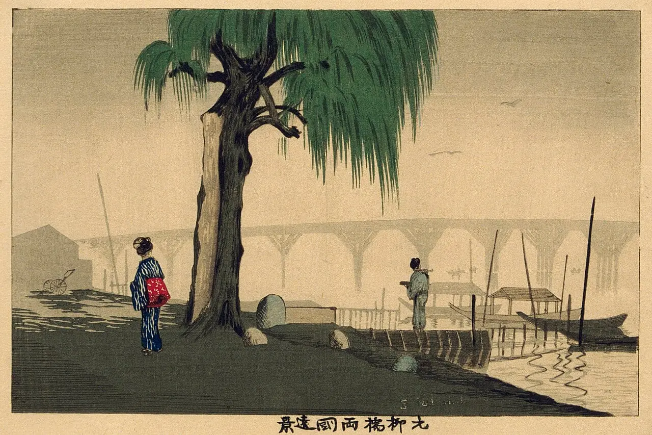 Distant View of Ryōgoku from Motoyanagi Bridge by Kobayashi Kiyochika, canvas print