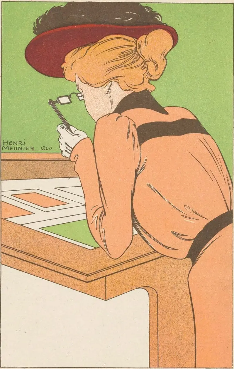 Woman with a Lorgnette Looking at Prints by Henri Meunier, canvas print