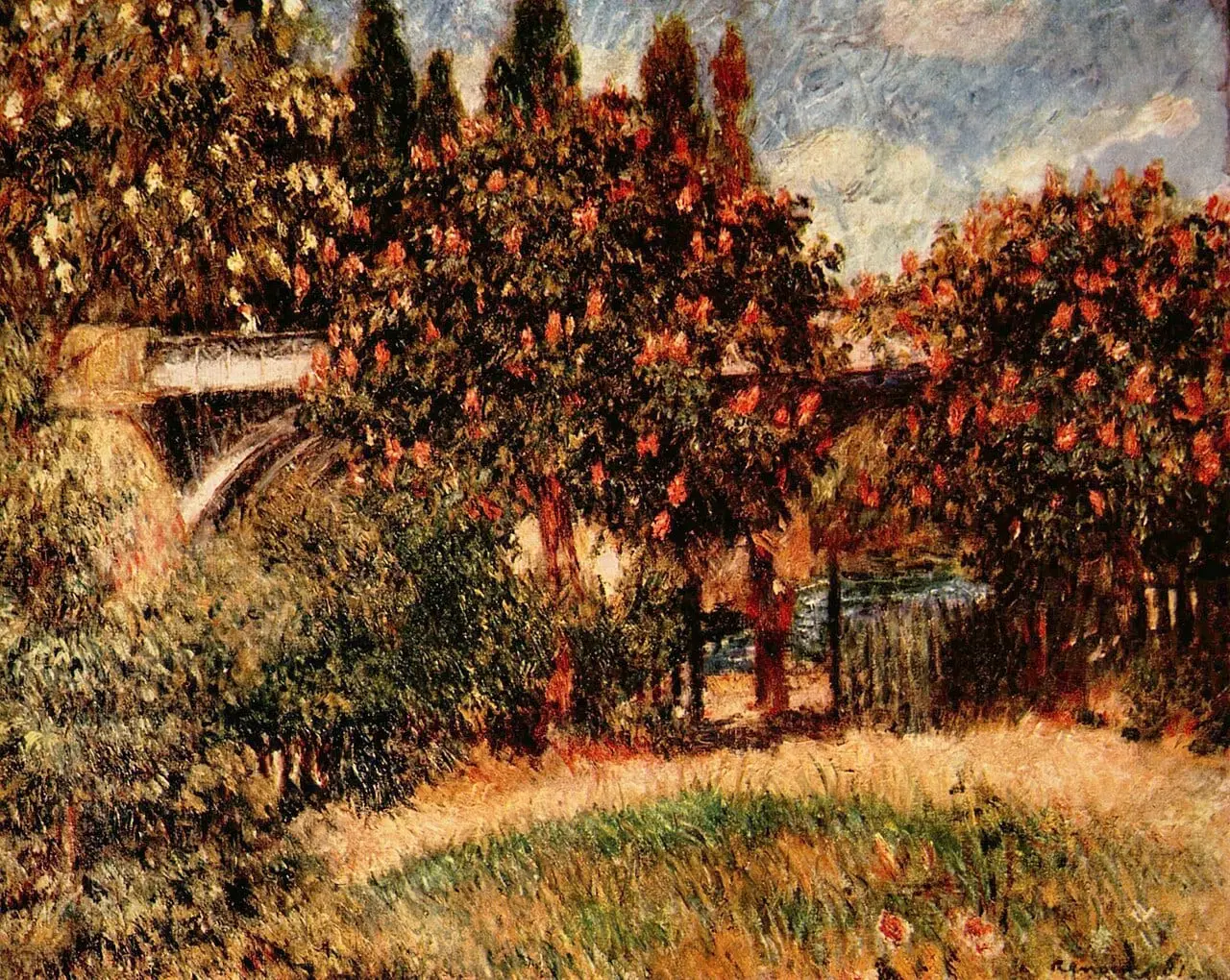Eisenbahnbrücke von Chatou (Die rosafarbenen Kastanienbäume) by Pierre-Auguste Renoir, canvas print