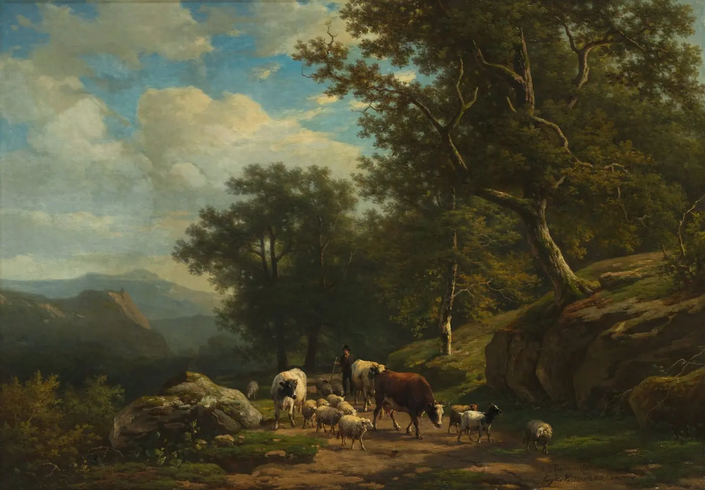 Landscape with a Peasant and His Flock by Alexander Joseph Daiwaille, canvas print
