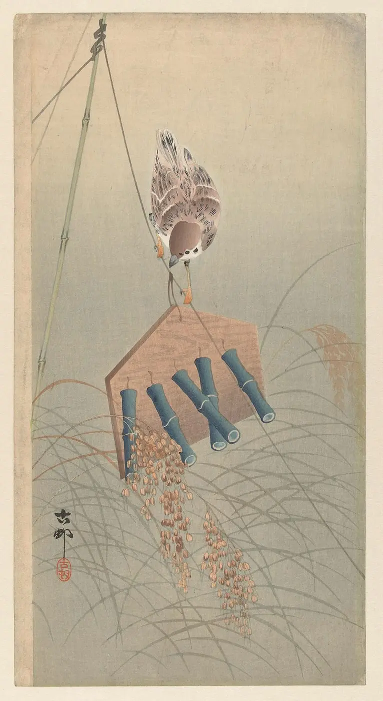 Ringmus op vogelverschrikker by Ohara Koson, canvas print