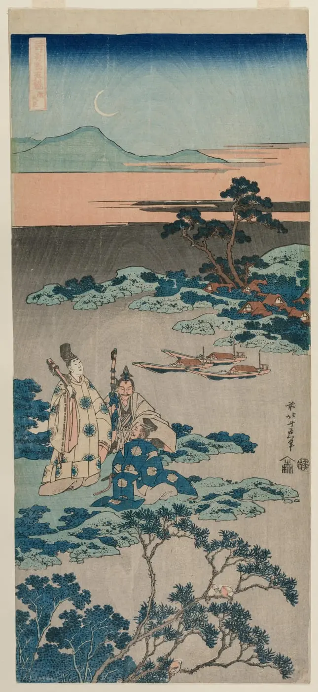 The Minister Toru Daijin Standing by a Lake Beneath a Crescent Moon by Katsushika Hokusai, canvas print