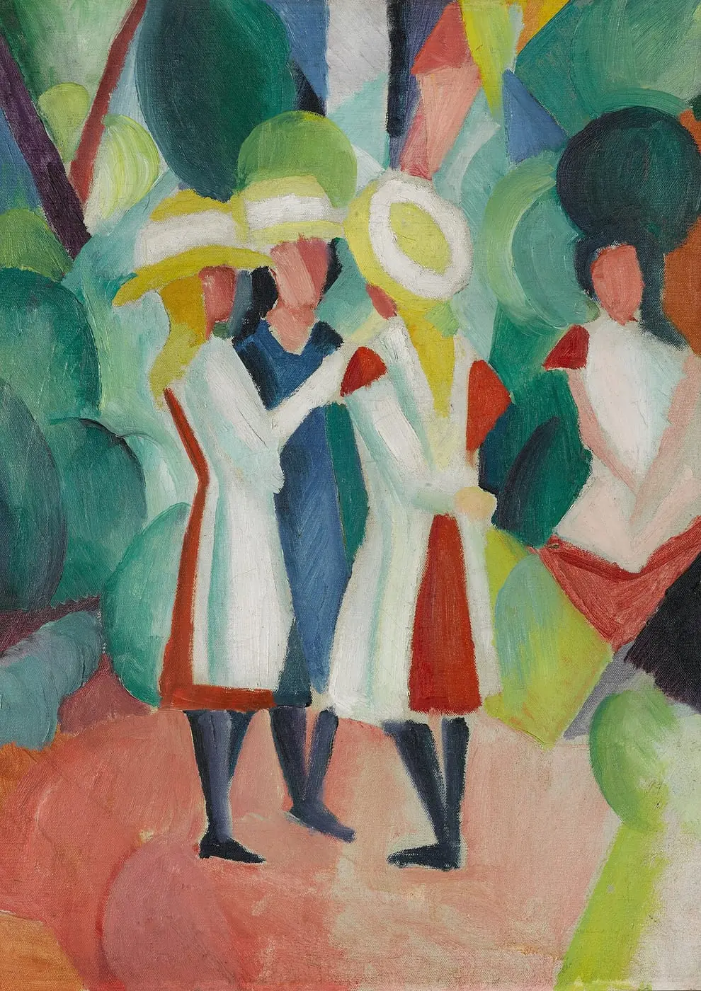 Three girls in yellow straw hats I by August Macke, canvas print