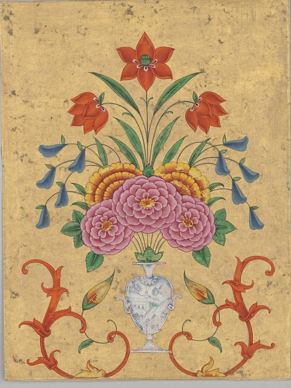 Vase with flower arrangement and scrollwork by Unknown artist, canvas print