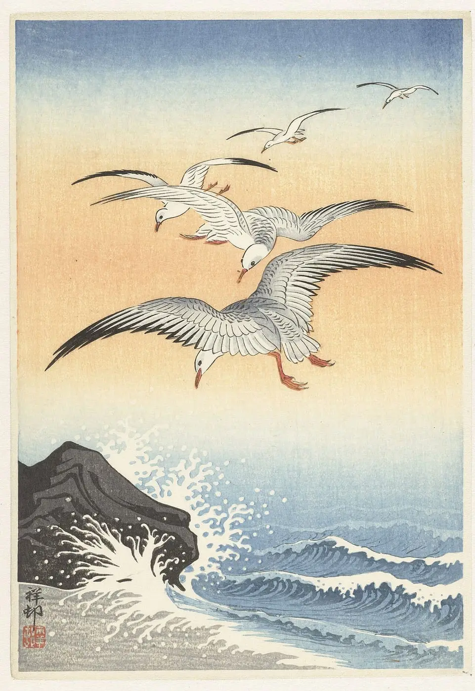 Vijf zeemeeuwen boven onstuimige zee by Ohara Koson, canvas print