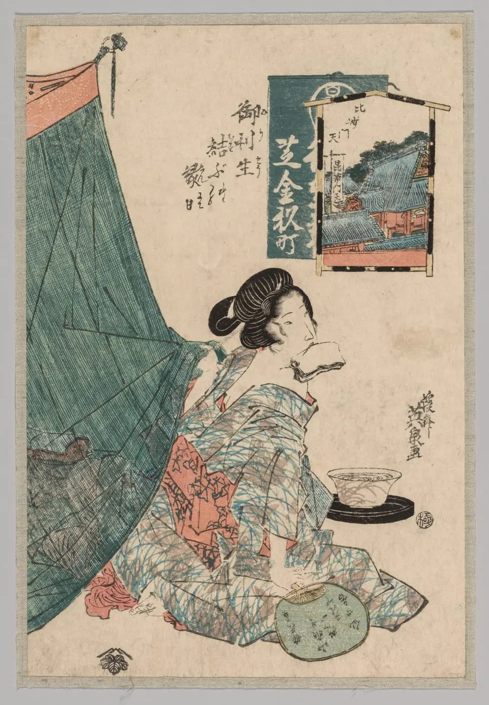 Woman with Papers in Mouth and Fan in Hand by Keisai Eisen, canvas print