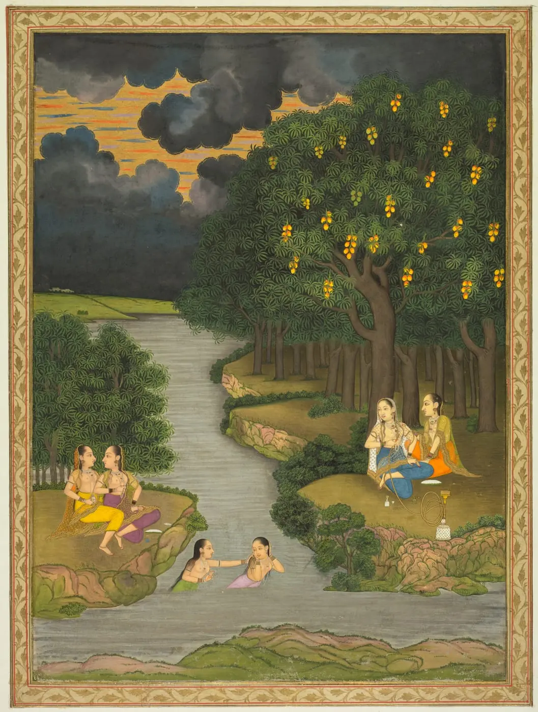 Women enjoying the river at the forest’s edge and flowering marigold by Hunhar II, canvas print