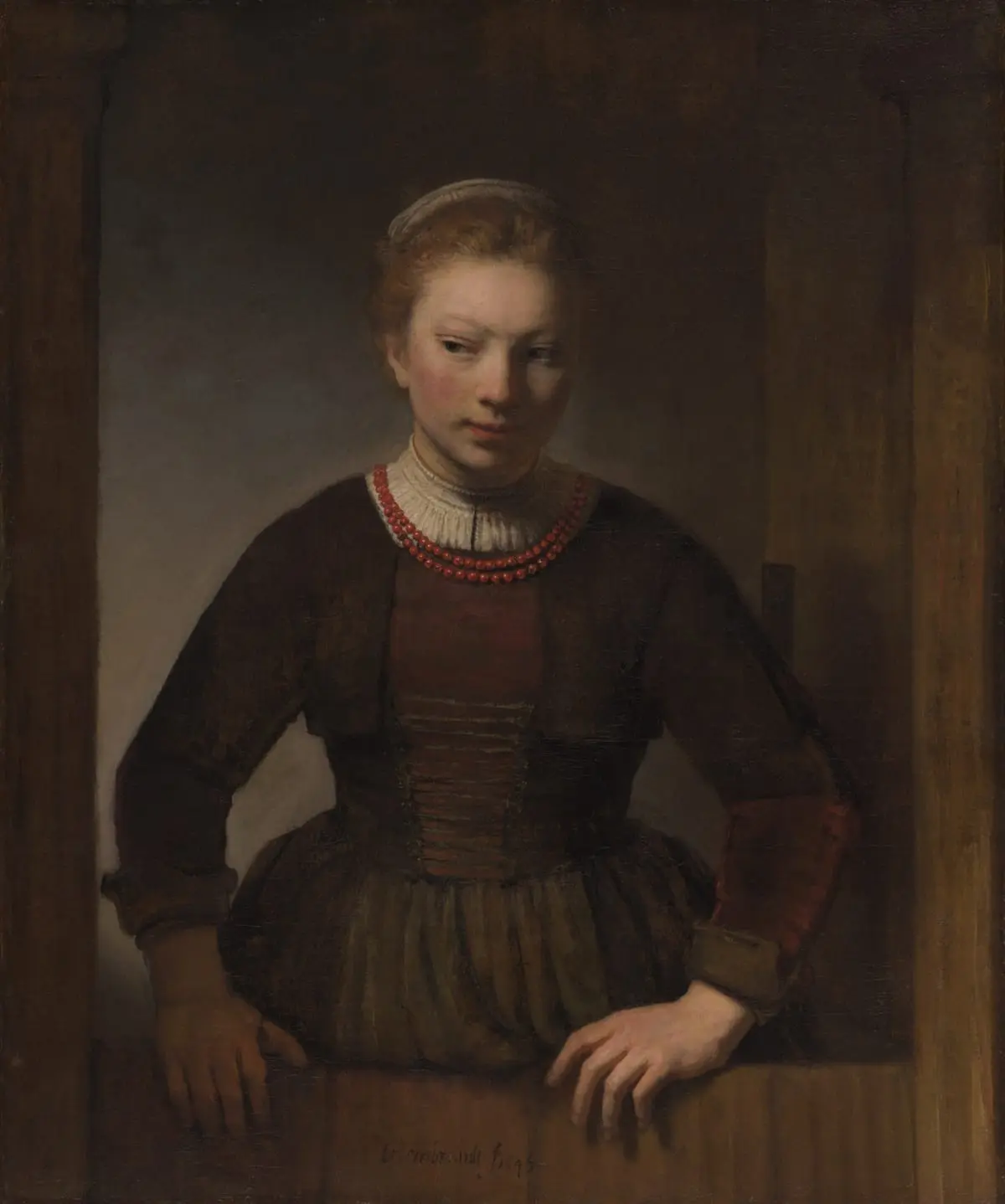 Young Woman at an Open Half-Door by Workshop of Rembrandt van Rijn, canvas print